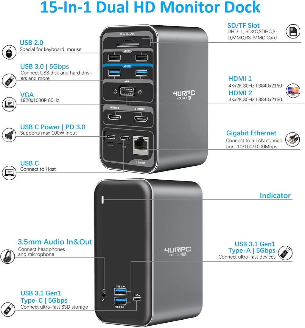 USB C Laptop Docking Station Dual Monitor HDMI, 15-in-1 USB C Dock Q96289