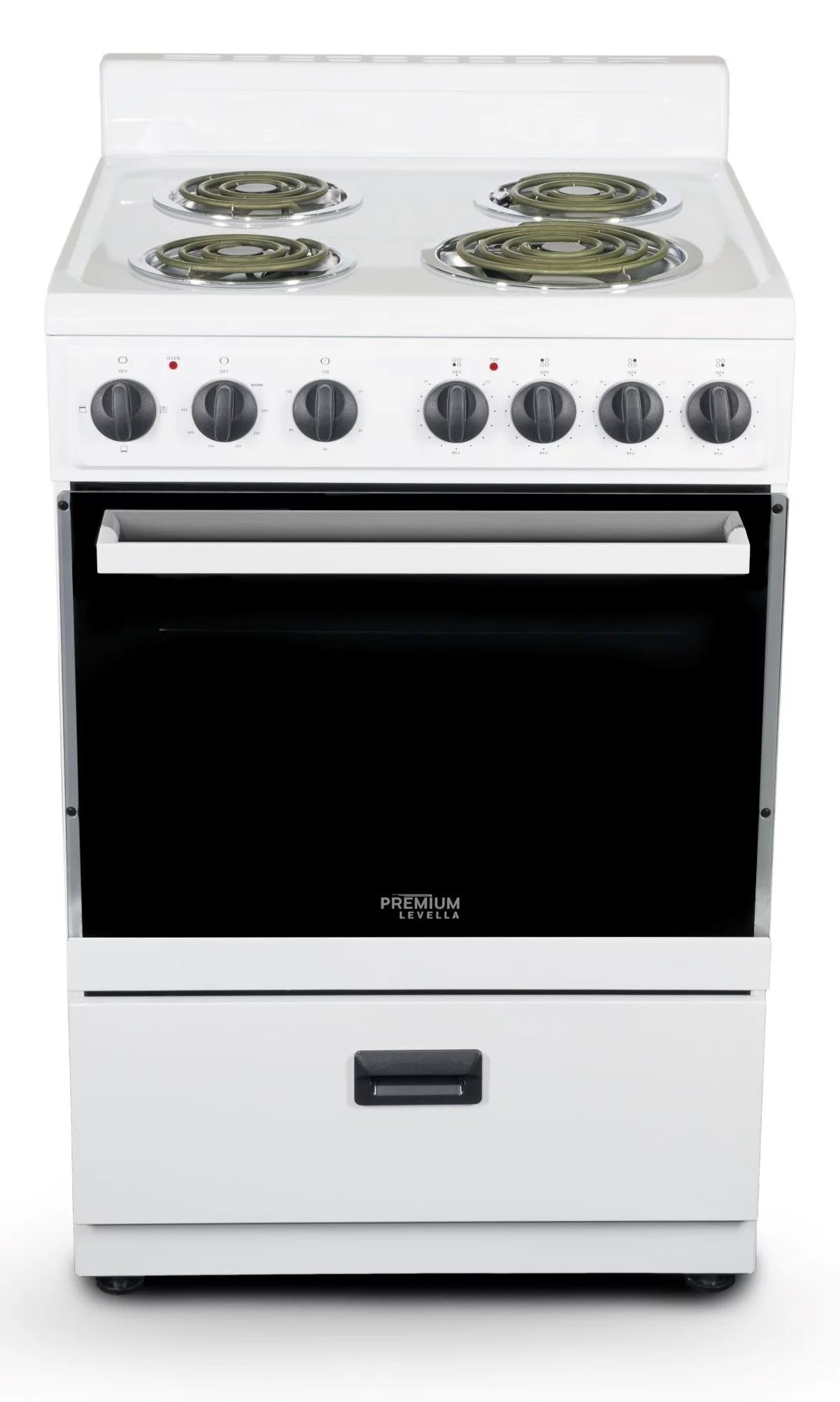 Premium Levella 24 in. 2.7 cu. ft. Single Oven Electric Range with 4 Burners and Storage Drawer in White