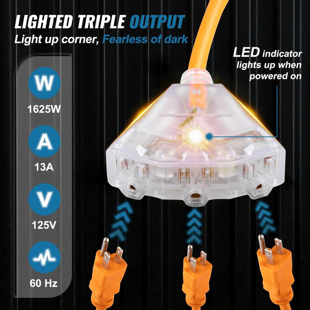 VEVOR Retractable Extension Cord Reel 50 ft Heavy Duty 14AWG with Lighted Triple Tap Outlet Z3570