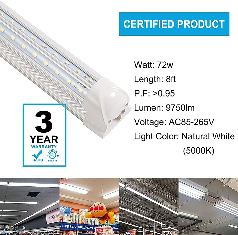 8FT LED Shop Light 72W 8500LM 5000K Linkable T8 Integrated Tube, 10-Pack I42662
