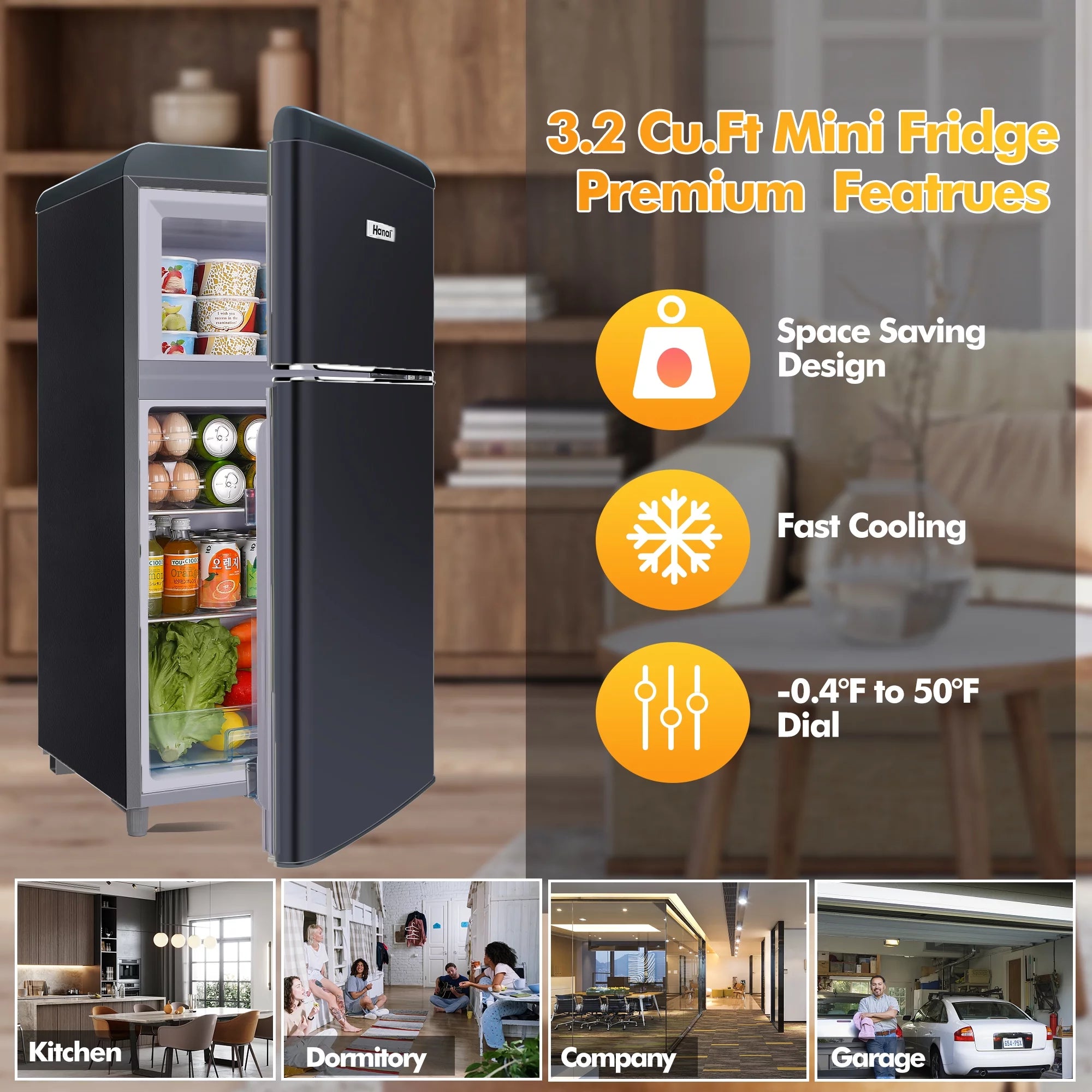 WANAI 3.5 Cu Ft Two Door Mini Fridge with Freezer, Black Y71847