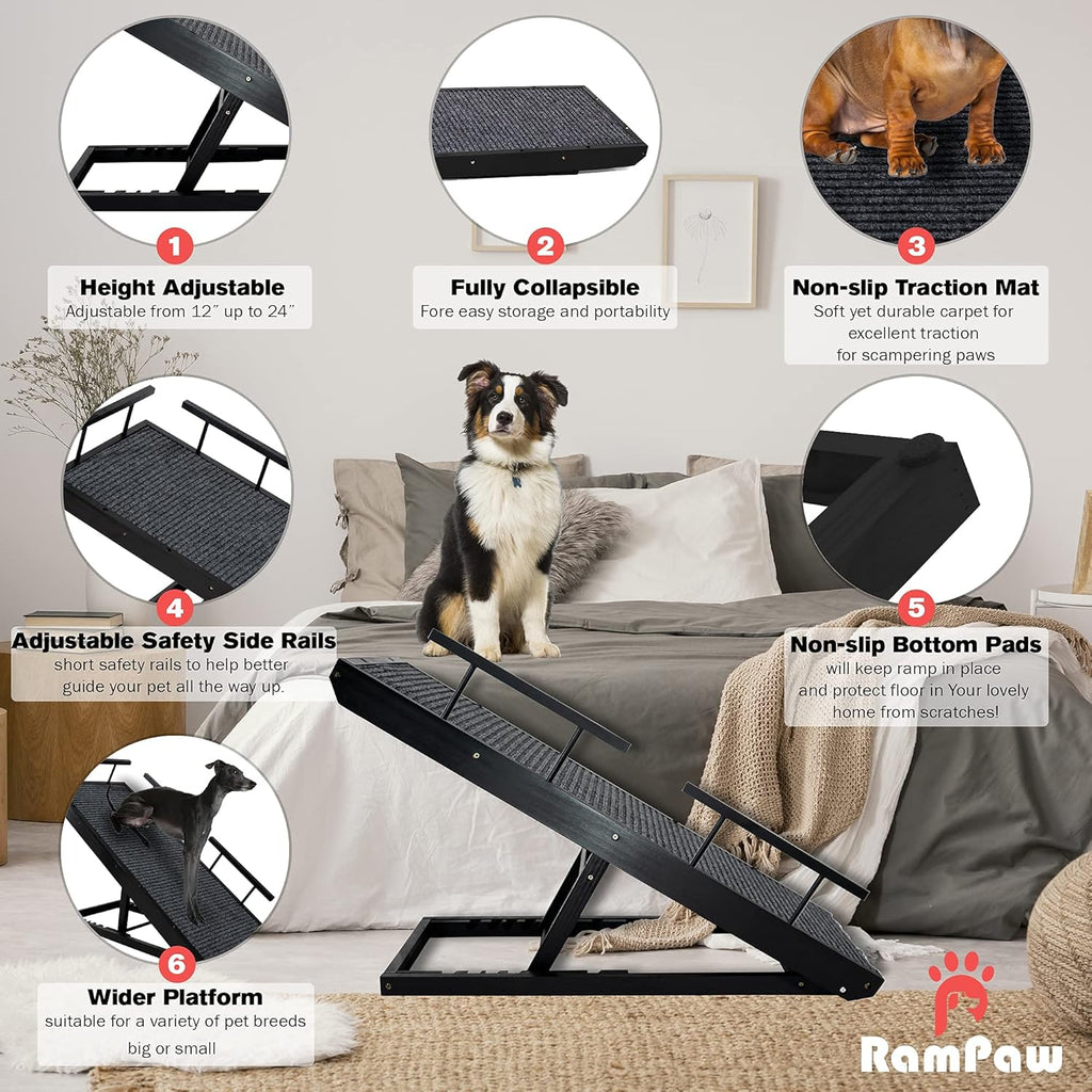 Rampaw Adjustable Pet Ramp for Small Dogs and Cats, Non-Slip, 12 to 24 in, Black, Pack of 2 F1932