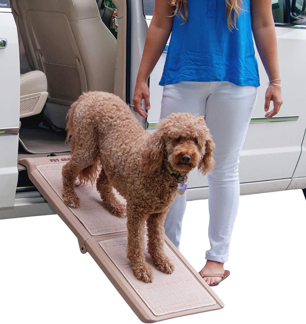 Pet Gear Travel Lite Bi-Fold Ramp for Cats/Dogs, Lightweight/Portable, Safety Tether Included, Rubber Grippers for Stability, PG9050TN, Bi-Fold Half Ramp 42" L, Tan, 42x16x4 Inch Pack of 2