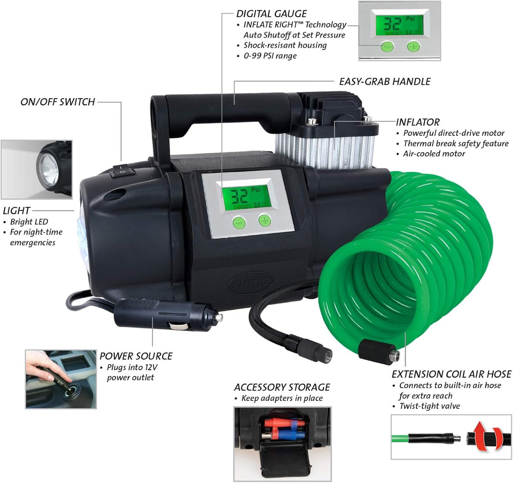 Slime 40063 Tire Inflator, Portable Air Compressor for Car, SUV, 4x4, 12V, Digital Display Y45763