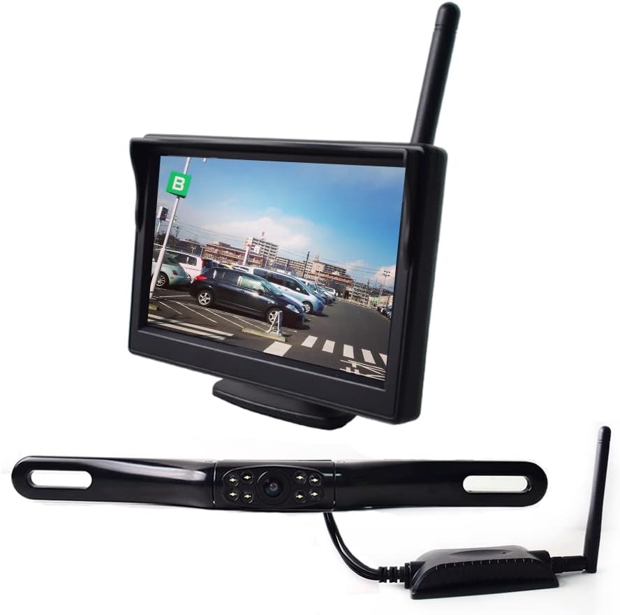 Wireless Backup Camera Monitor 5 TFT LCD Monitor License Plate Backup Camera 180° Viewing Angle 8 LED Night Vision for Car Truck RV Camper Vans Trailer