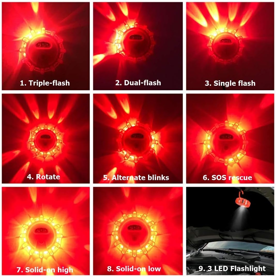 USB Rechargeable LED Road Flares Emergency Kit with Magnetic Hazard Lights and Window Breaker Z436157