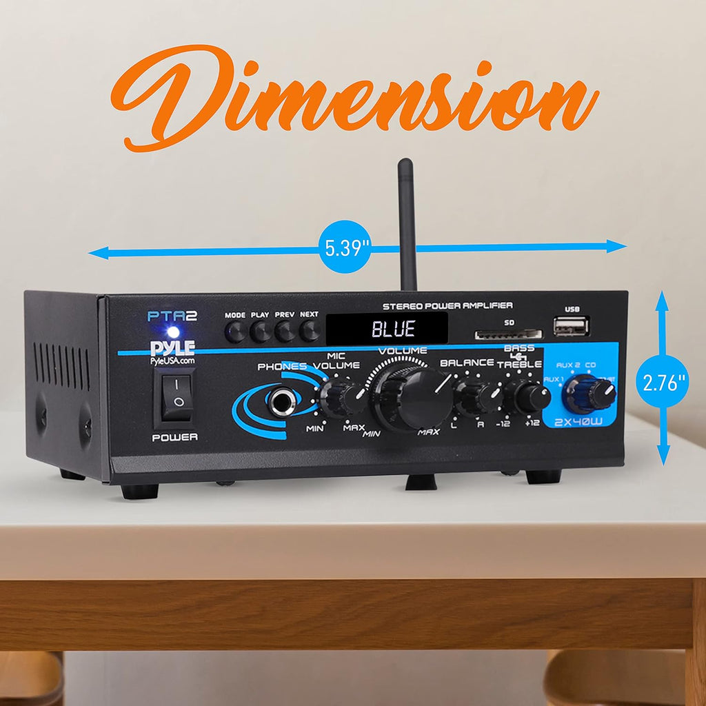 Pyle 2x40W Bluetooth Mini Stereo Amplifier Receiver with AUX and Mic Input, Pack of 2 R25324