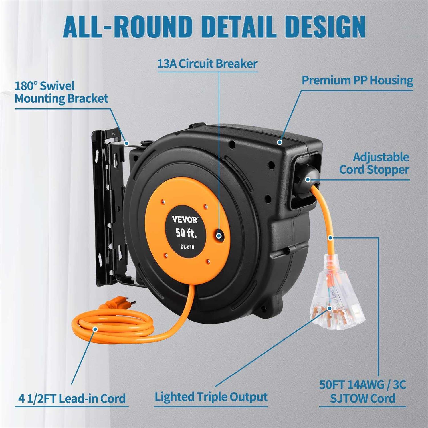 VEVOR Retractable Extension Cord Reel 50 ft Heavy Duty 14AWG with Lighted Triple Tap Outlet Z3570