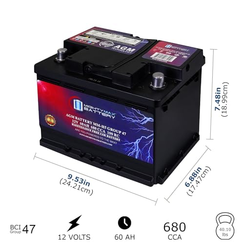 Mighty Max Battery MM-H5 Start and Stop Car Battery, Group Size 47, 12V 60 AH, AGM E711958