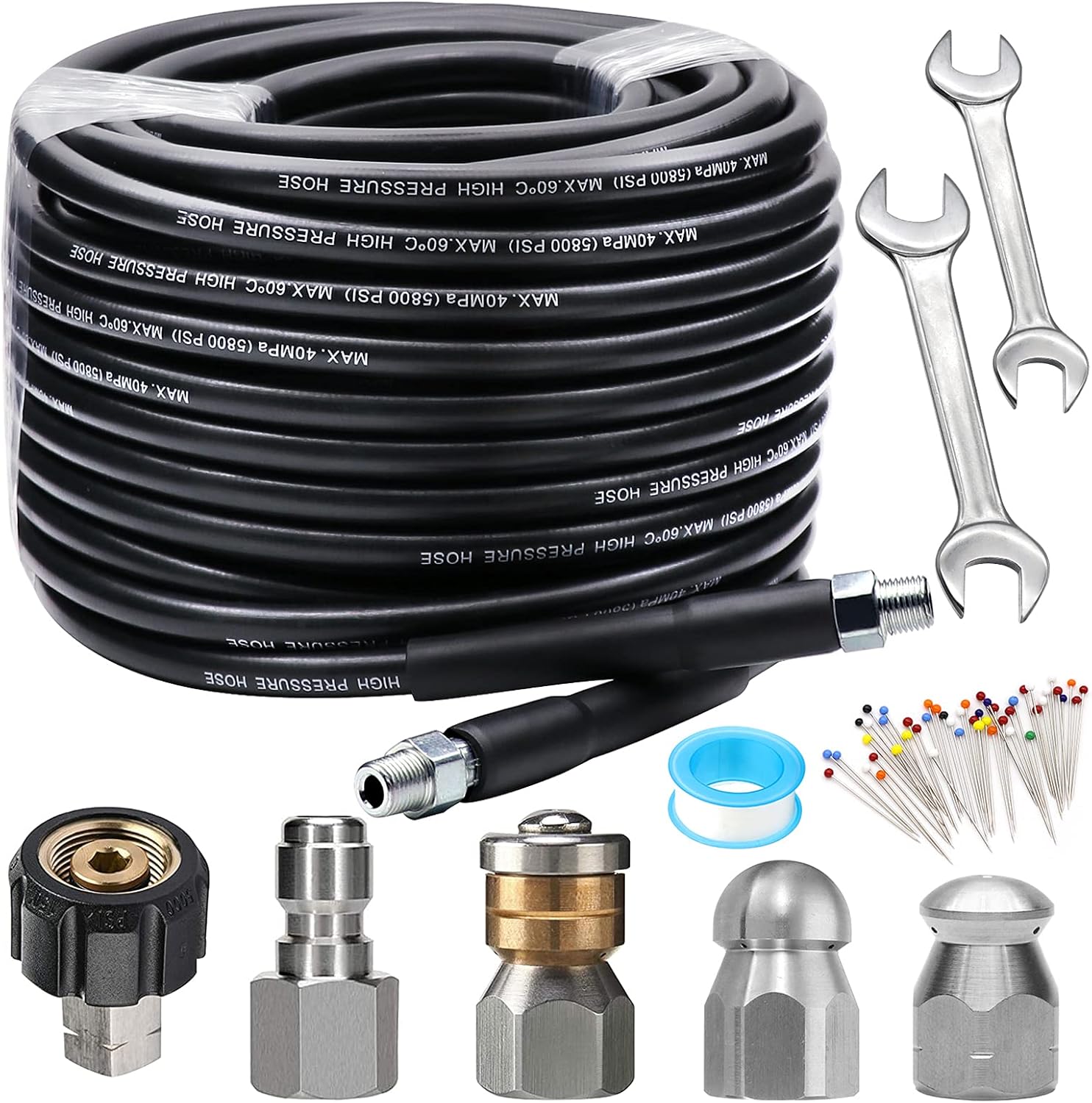 Sewer Jetter Kit 100FT for Pressure Washer, 5800PSI Drain Cleaner Hose 1/4 Inch NPT, Corner, Rotating and Button Nose Sewer Jetting Nozzle Spanner Waterproof Tape Pearl Corsage Pin Pack of 2