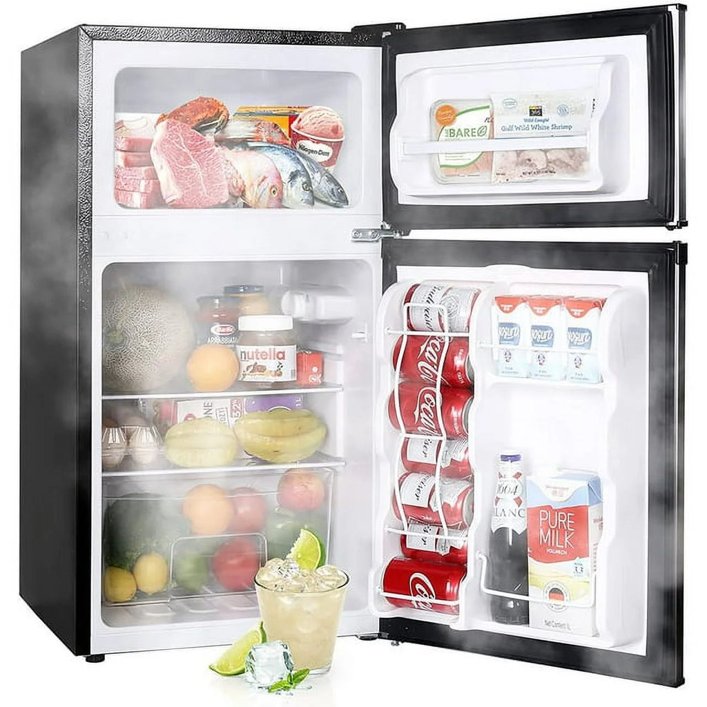 Upstreman 3.2 Cu.ft Mini Fridge with Freezer, Double Door, Stainless Steel R114260