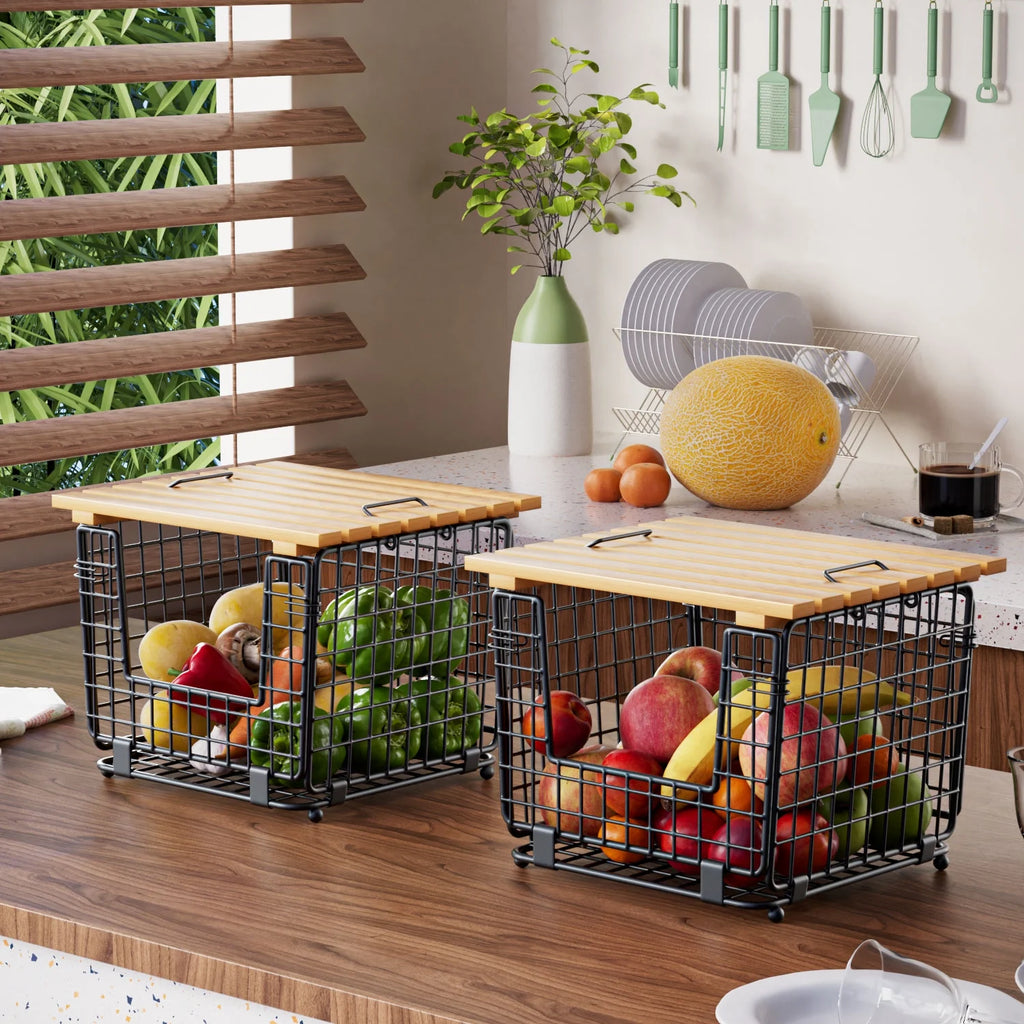 TINANA Stackable Fruit Baskets with Bamboo Top, 2 Pack, Black W1664