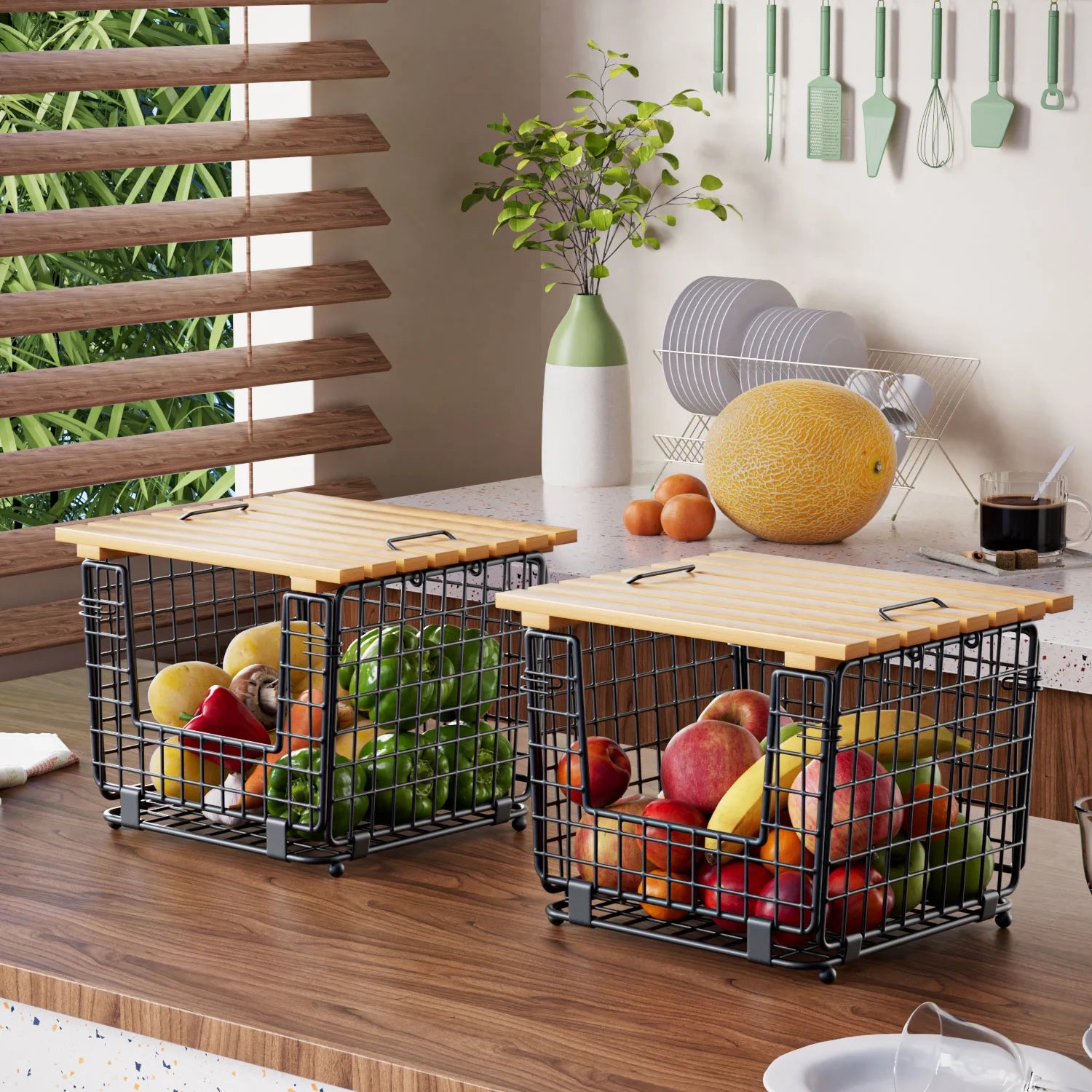 TINANA Stackable Fruit Baskets with Bamboo Top, 2 Pack, Black W1664