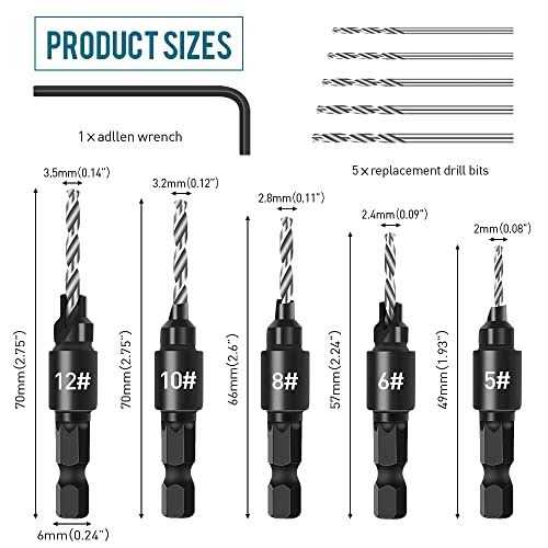 Countersink Drill Bit Set 5Pcs Quick Change 1/4 Hex Shank Adjustable D826