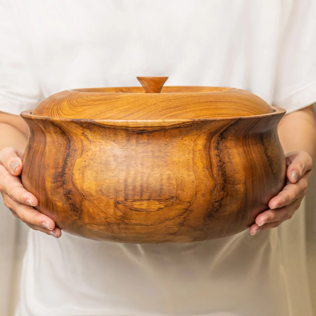 Ripple Teak Wood Salad Serving Bowl with Lid O287091
