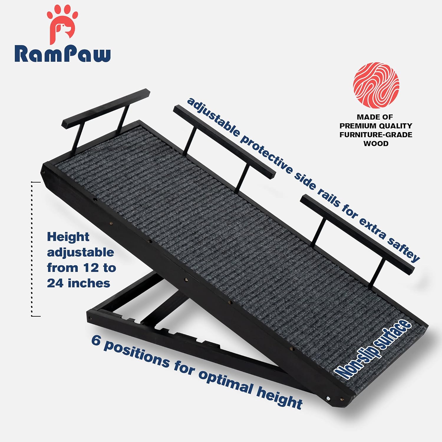 Rampaw Adjustable Pet Ramp for Small Dogs and Cats, Non-Slip, 12 to 24 in, Black, Pack of 2 F1932