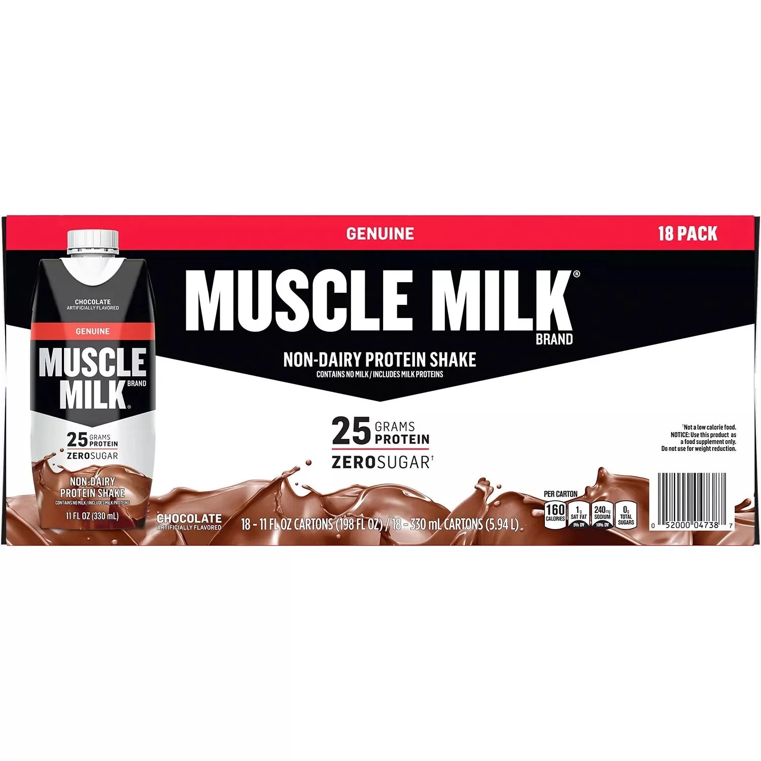 Muscle Milk Genuine Non-Dairy Protein Shake, Chocolate, 11 Fl Oz, 18 Count F627101