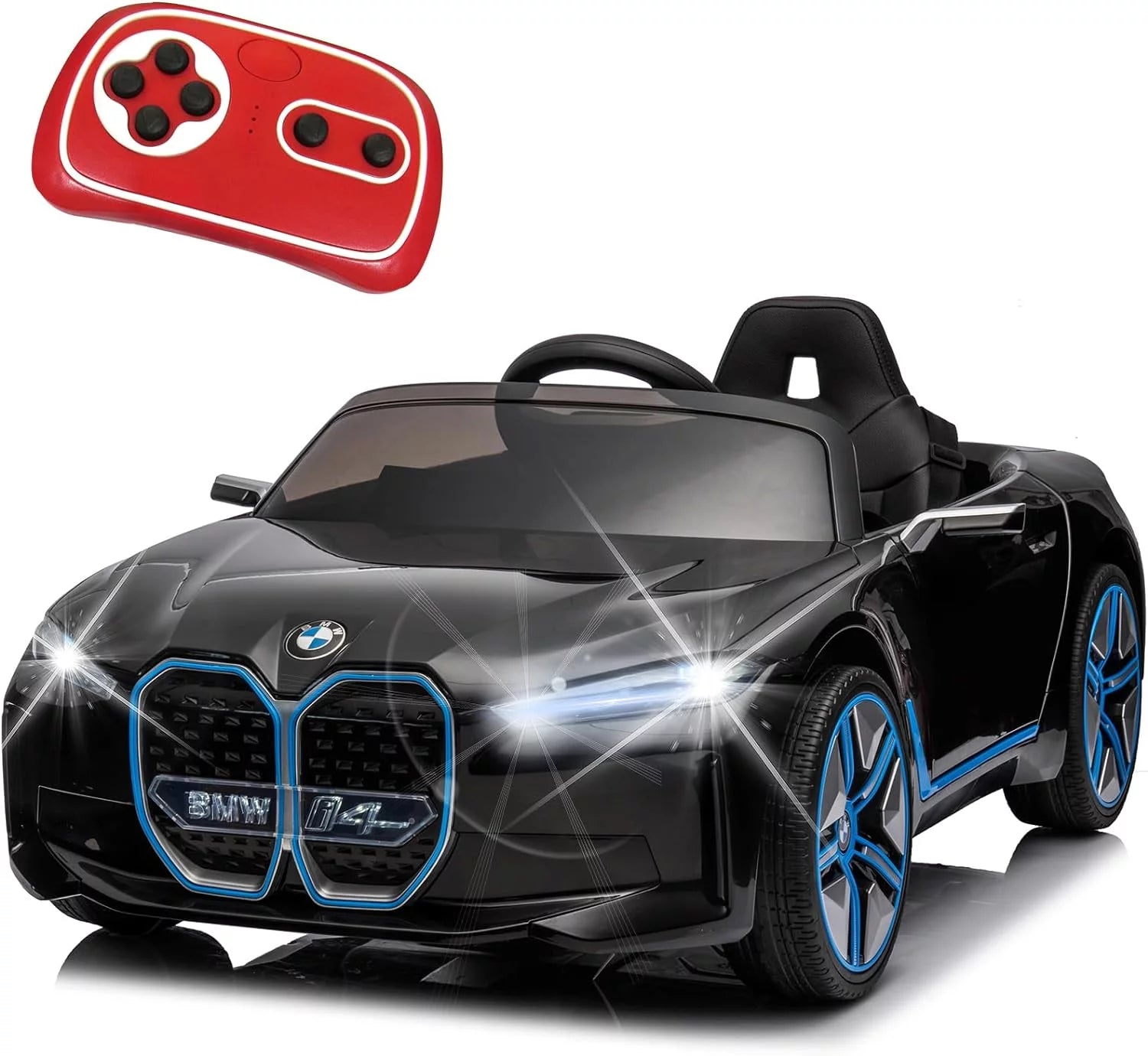 BMW i4 12V Kids Electric Ride-On Car with 2.4G Remote Control, Battery Powered Electric Vehicle Toys Car for 3-8 Years Old, Safety Belt, LED Lights, MP3, Horn, Music, Best Gift for Boys Girls (Black)