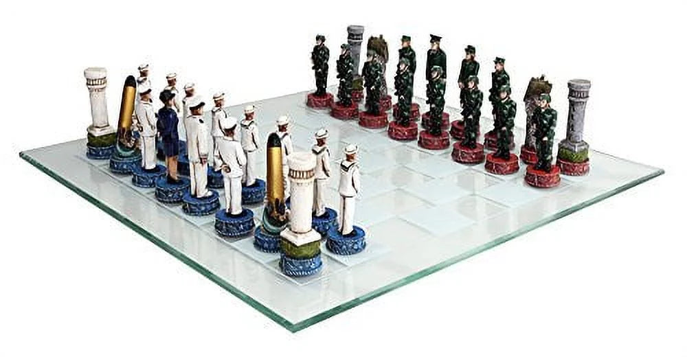 US Army vs Navy Military Chess Set Hand Painted Glass Board V843