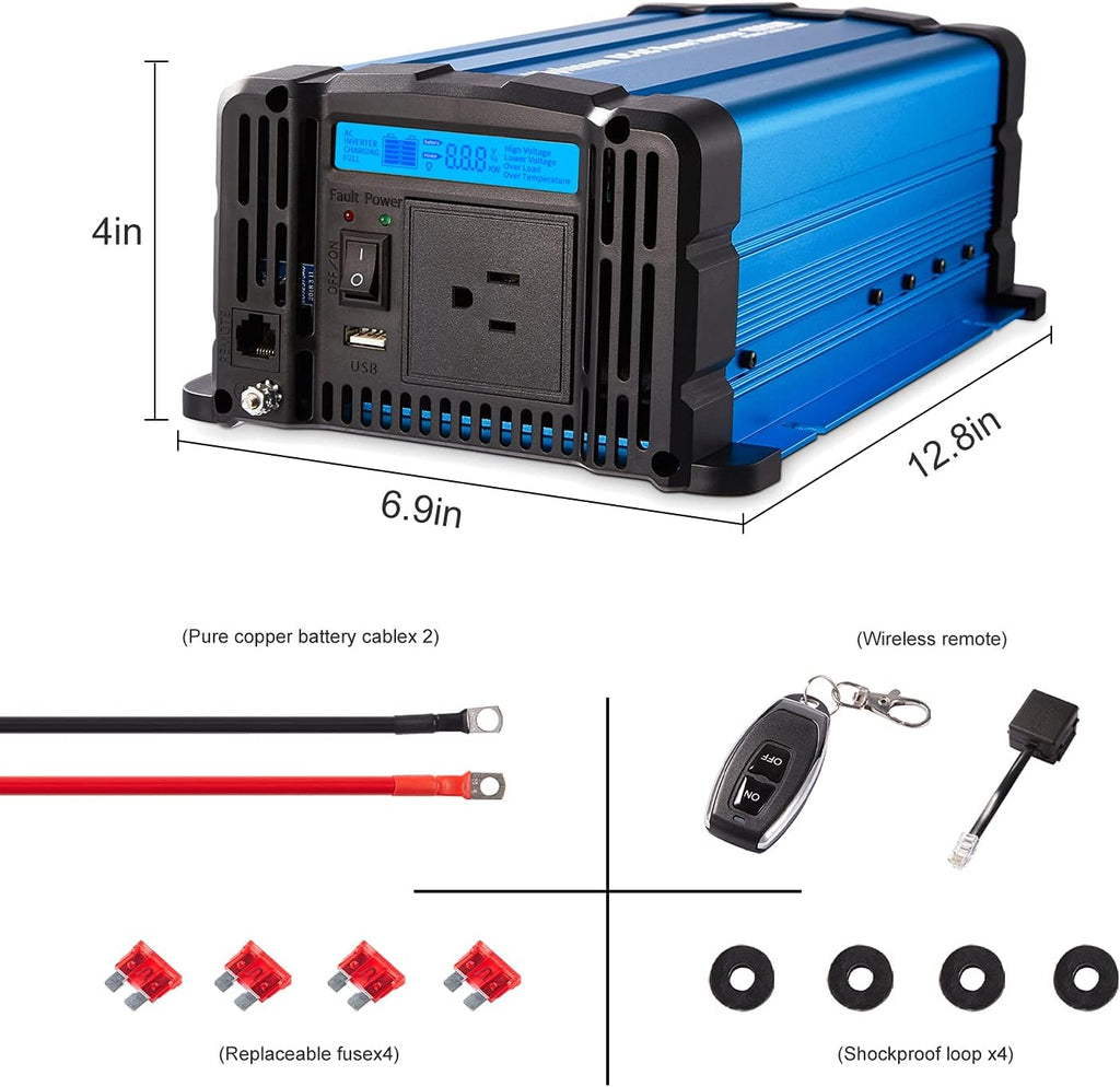 1000W Pure Sine Wave Power Inverter 12V to 110V with Remote M606