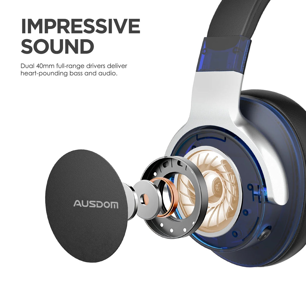 AUSDOM E7 Active Noise Cancelling Wireless Over Ear Headphones with Mic, Black D162