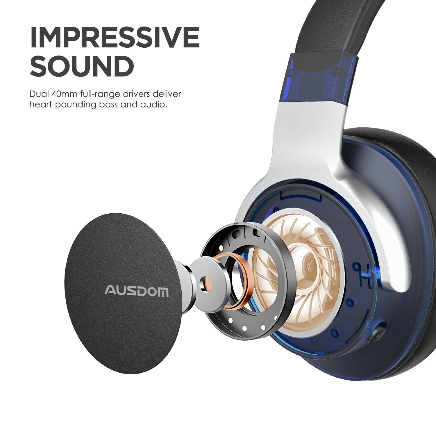 AUSDOM E7 Active Noise Cancelling Wireless Over Ear Headphones with Mic, Black D162