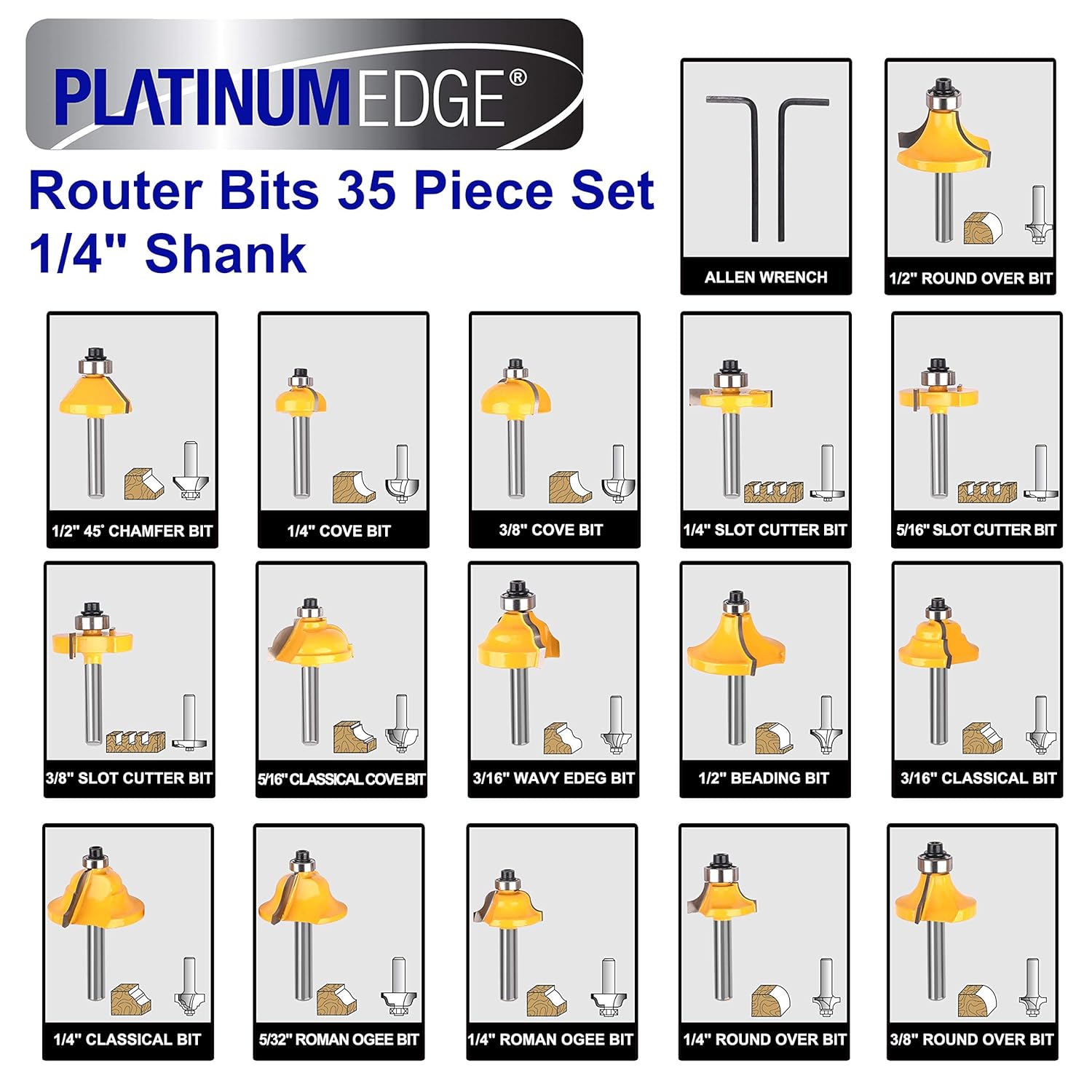 Platinumedge Tungsten Carbide Router Bits Set, 35 Piece with Aluminum Storage Case T983807