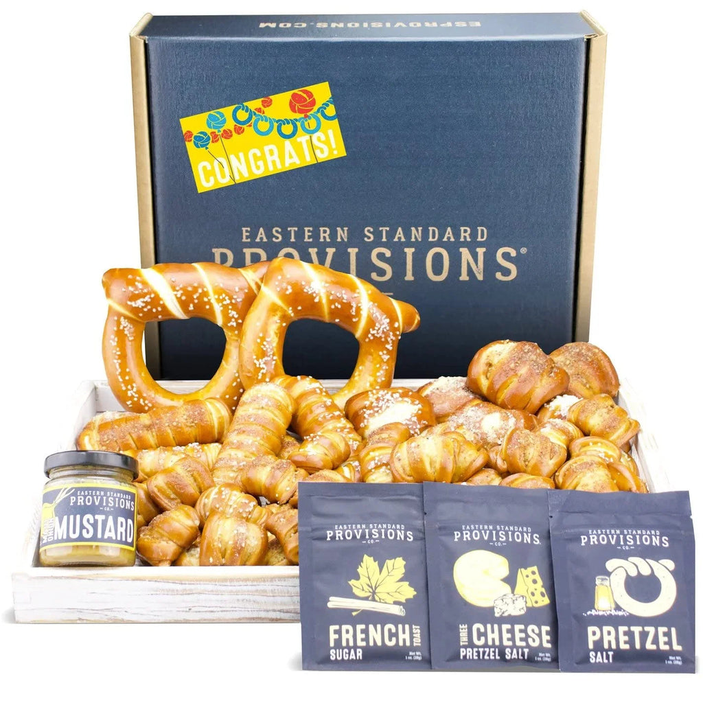 Ultra "ngratulations" Gourmet Gift Box, Artisanal Soft Pretzel Snack Pack, With Gourmet Sauce & Toppings