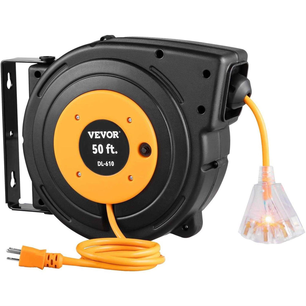 VEVOR Retractable Extension Cord Reel 50 ft Heavy Duty 14AWG/3C SJTOW Power Cord with Lighted Triple Tap Outlet - Shop Hardware Tools Online Store