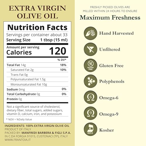 Frantoia Extra Virgin Olive Oil from Italy, Unfiltered Cold Extracted, 101.4 Fl Oz O2791