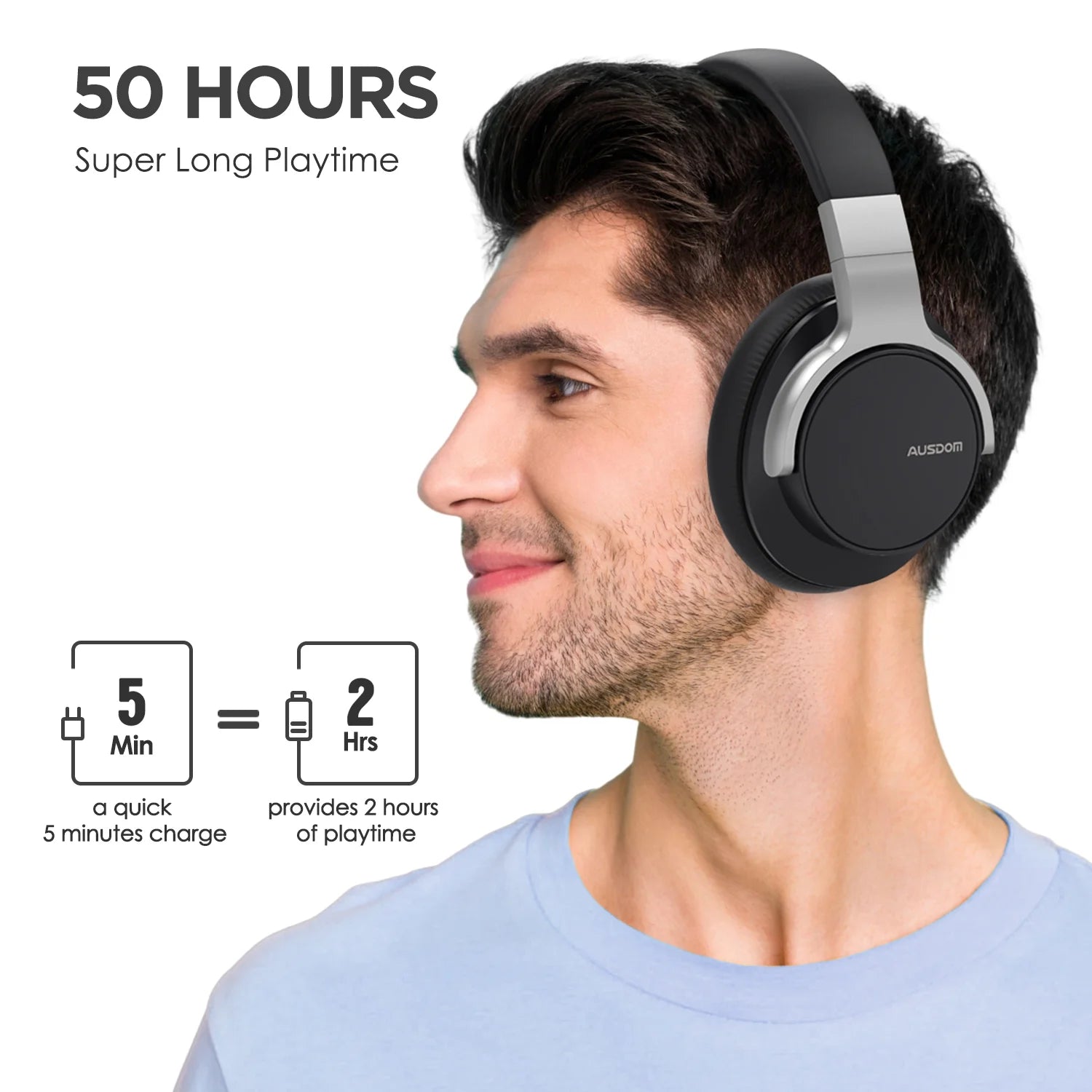 AUSDOM E7 Active Noise Cancelling Wireless Over Ear Headphones with Mic, Black D162