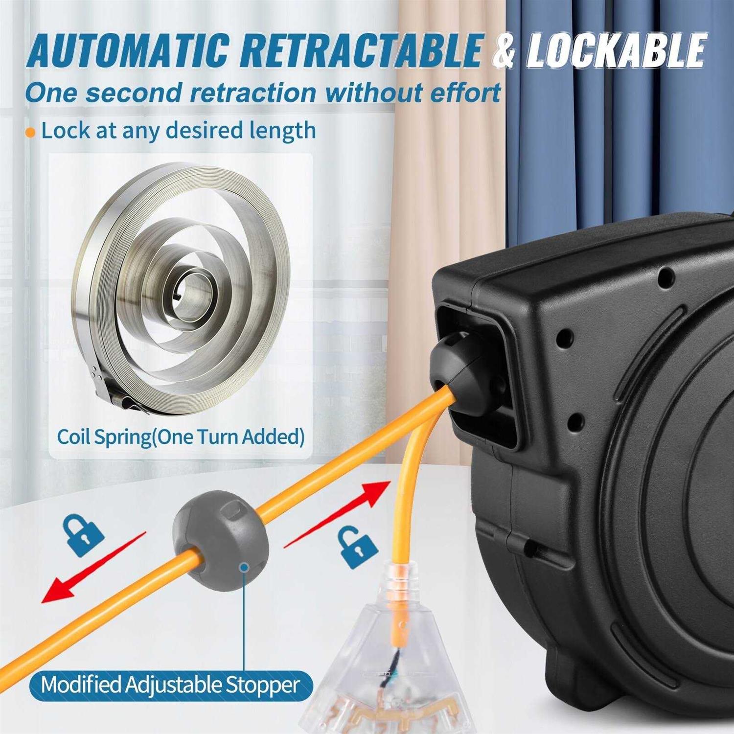 VEVOR Retractable Extension Cord Reel 50 ft Heavy Duty 14AWG with Lighted Triple Tap Outlet Z3570