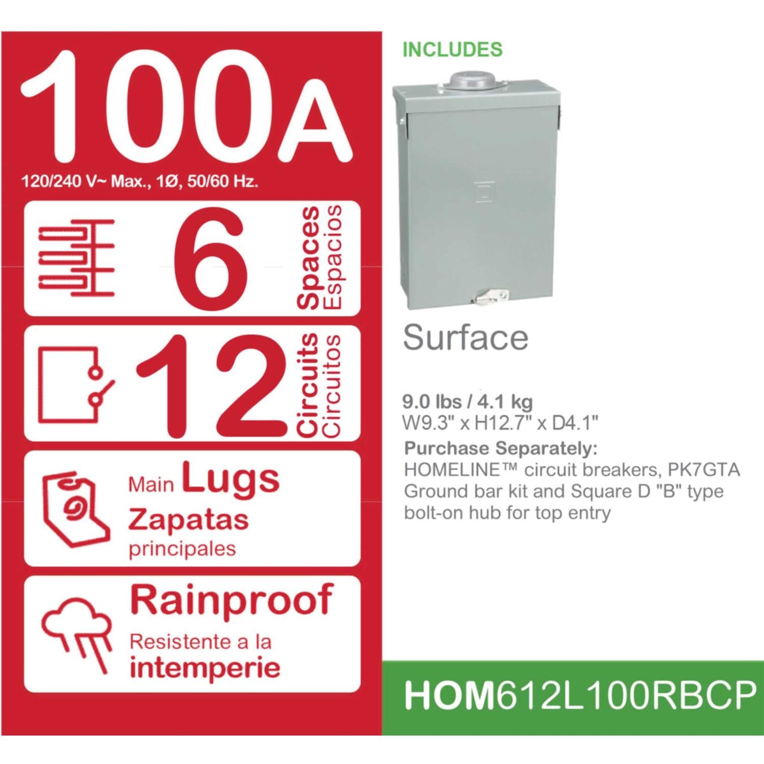 Square D Homeline 100 Amp Main Lug Load Center O33443