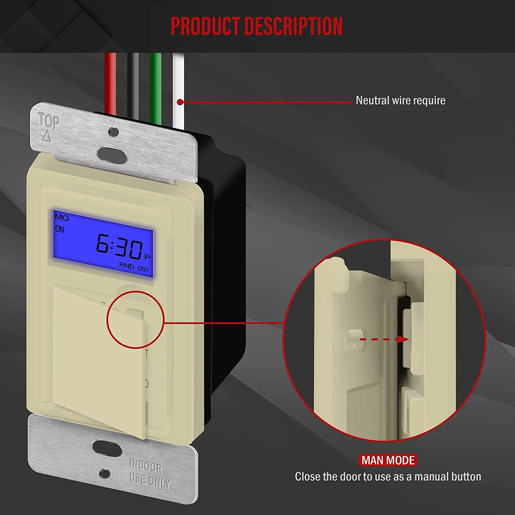 ENERLITES Digital In-Wall Programmable Timer Switch, Single Pole, Neutral Wire Required, 7-Day, Ivory M22161
