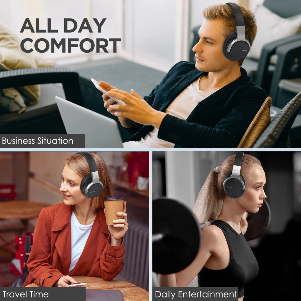 AUSDOM E7 Active Noise Cancelling Wireless Over Ear Headphones with Mic, Black D162