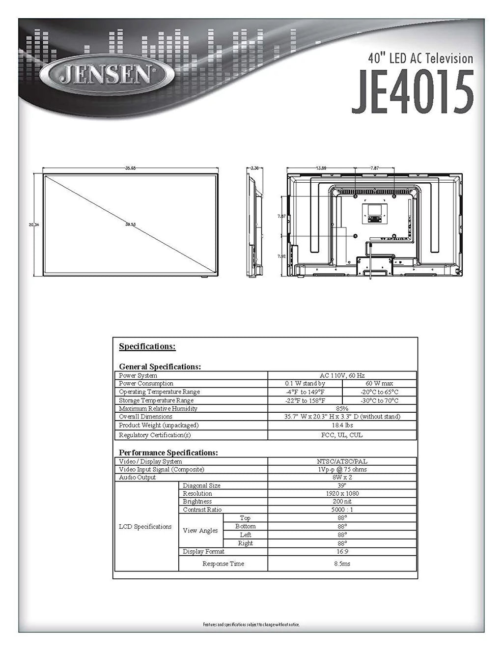 Jensen JE4015 40" LED AC Wallmount Television with HDTV Tuner and Remote Control Z56898