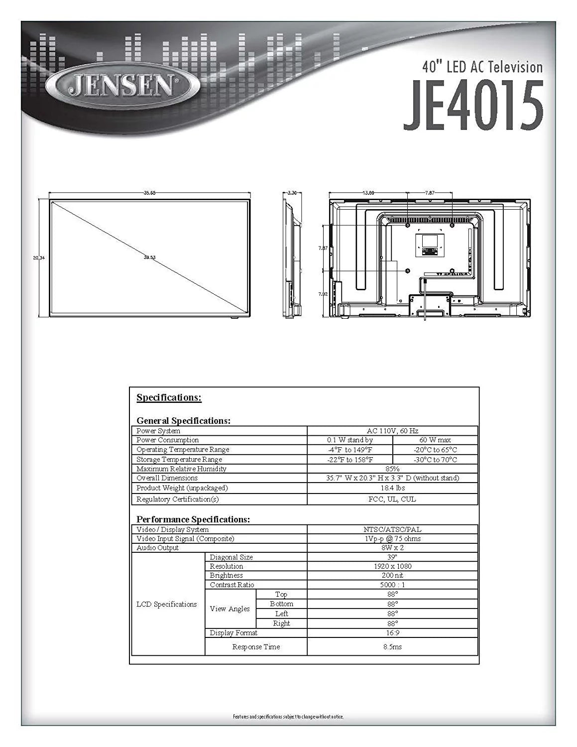 Jensen JE4015 40" LED AC Wallmount Television with HDTV Tuner and Remote Control Z56898