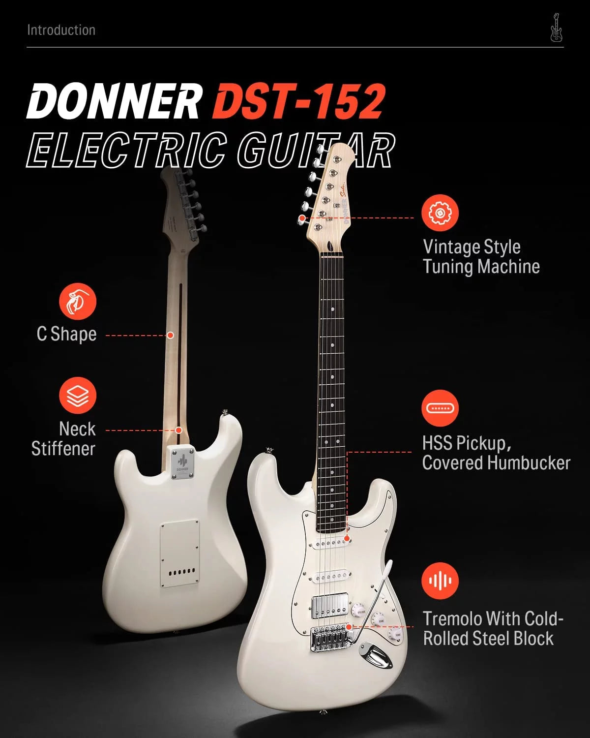 Donner DST-152 Electric Guitar HSS Pickup Coil Split, White Z193676