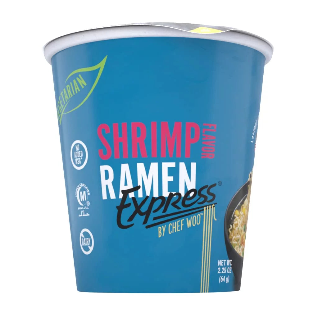 Chef Woo Ramen Express Shrimp Flavor Ramen Noodles, Vegan, 2.25 oz Cup, 12 Pack W21388
