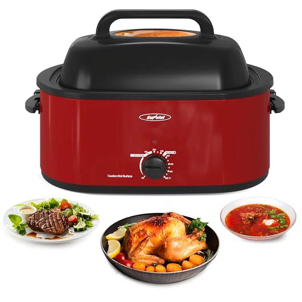 SUNVIVI 20 Quart Electric Turkey Roaster Oven with Self-Basting Lid, Stainless Steel, Red M430