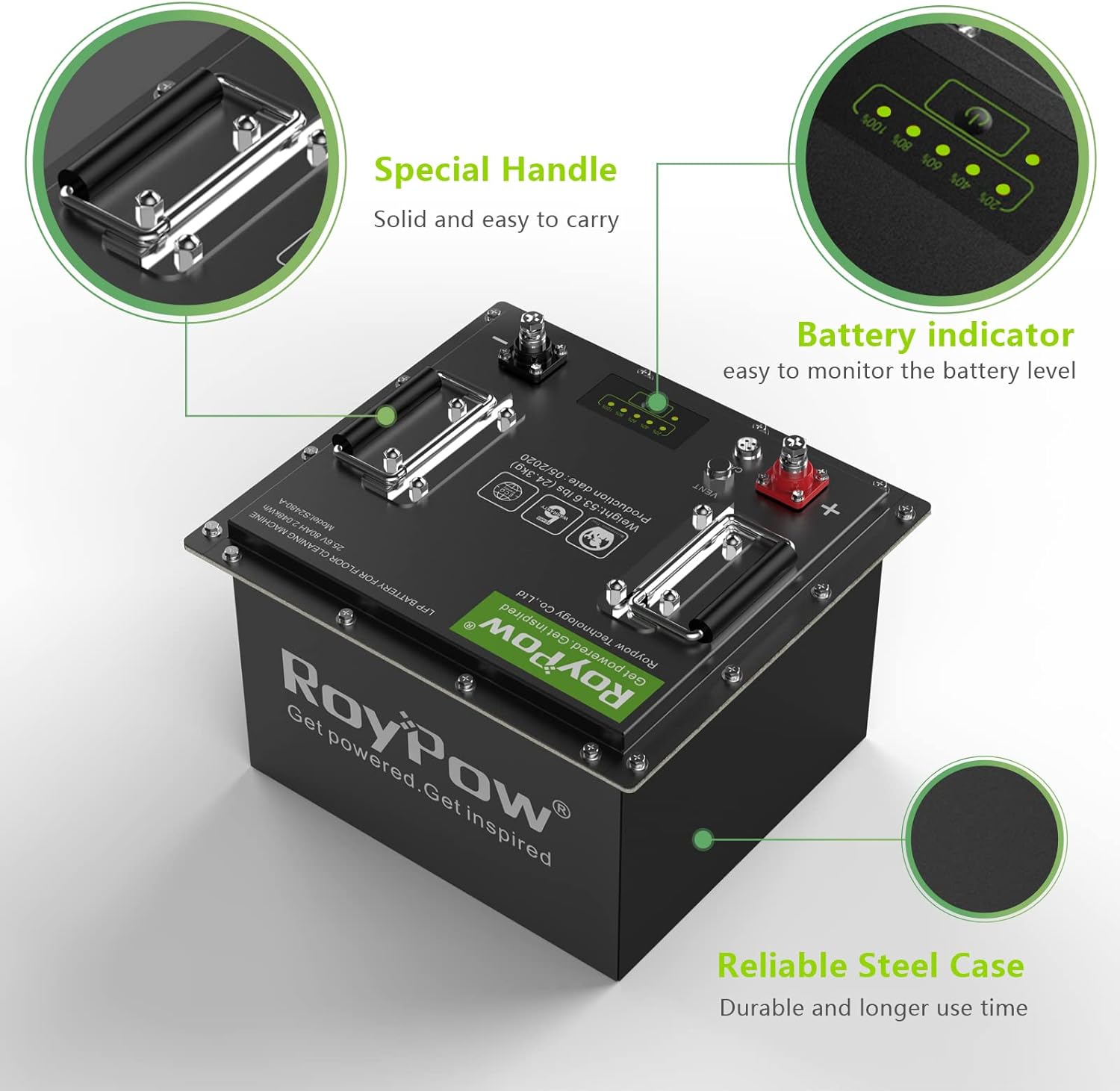 RoyPow 24V 80Ah LiFePO4 Deep Cycle Battery with BMS L7369