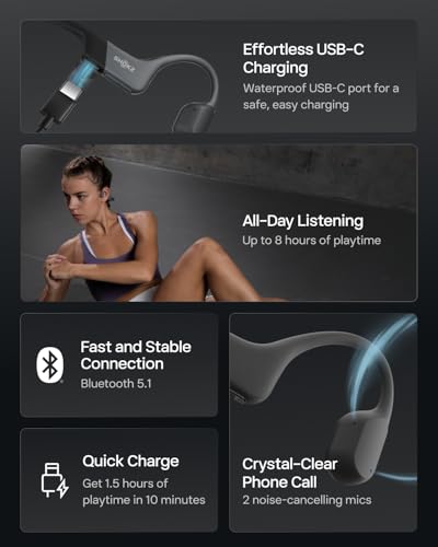 SHOKZ OpenRun Open-Ear Bone Conduction Sport Headphones, Sweat Resistant, Black B872