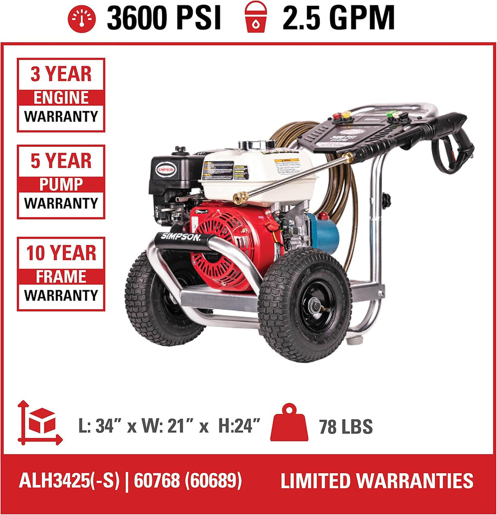SIMPSON Cleaning ALH3425 Aluminum Gas Pressure Washer, 3600 PSI, Honda GX200 A877263