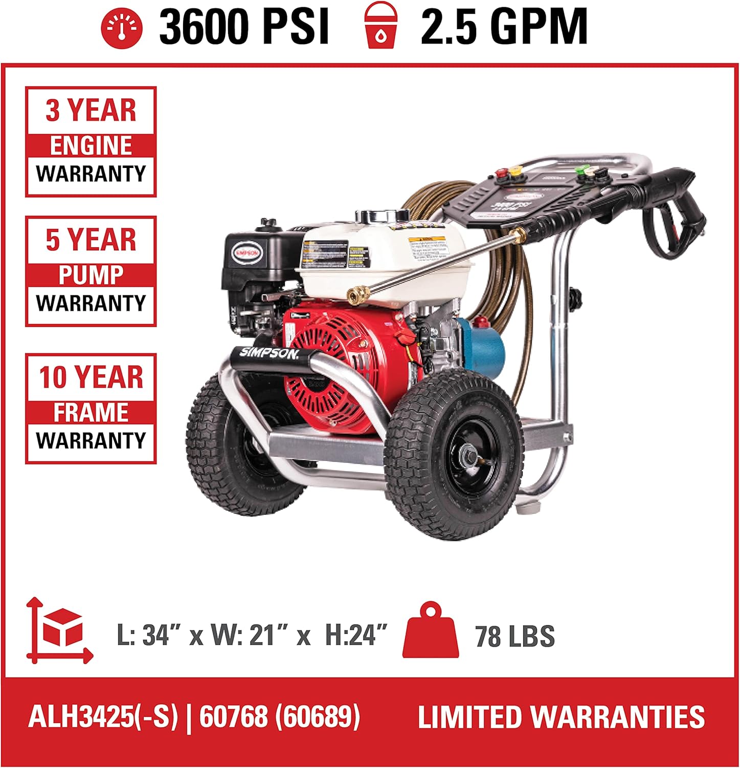 SIMPSON Cleaning ALH3425 Aluminum Gas Pressure Washer, 3600 PSI, Honda GX200 A877263