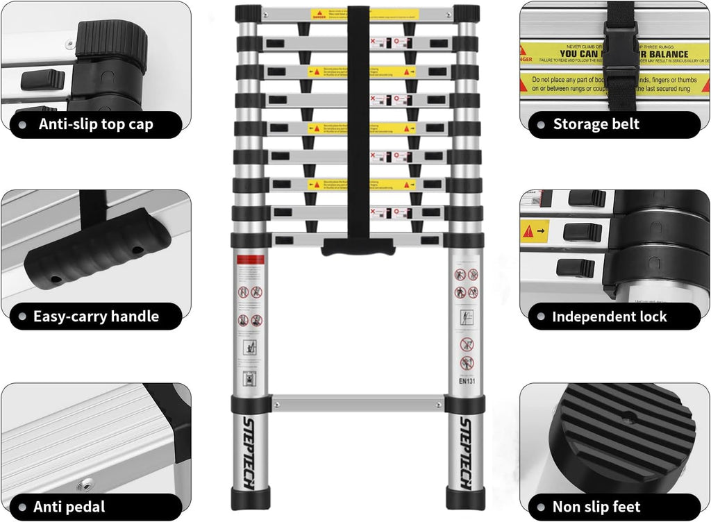 STEPTECH Telescoping Ladder 9.5 ft Aluminum Anti-Pinch Collapsible U494