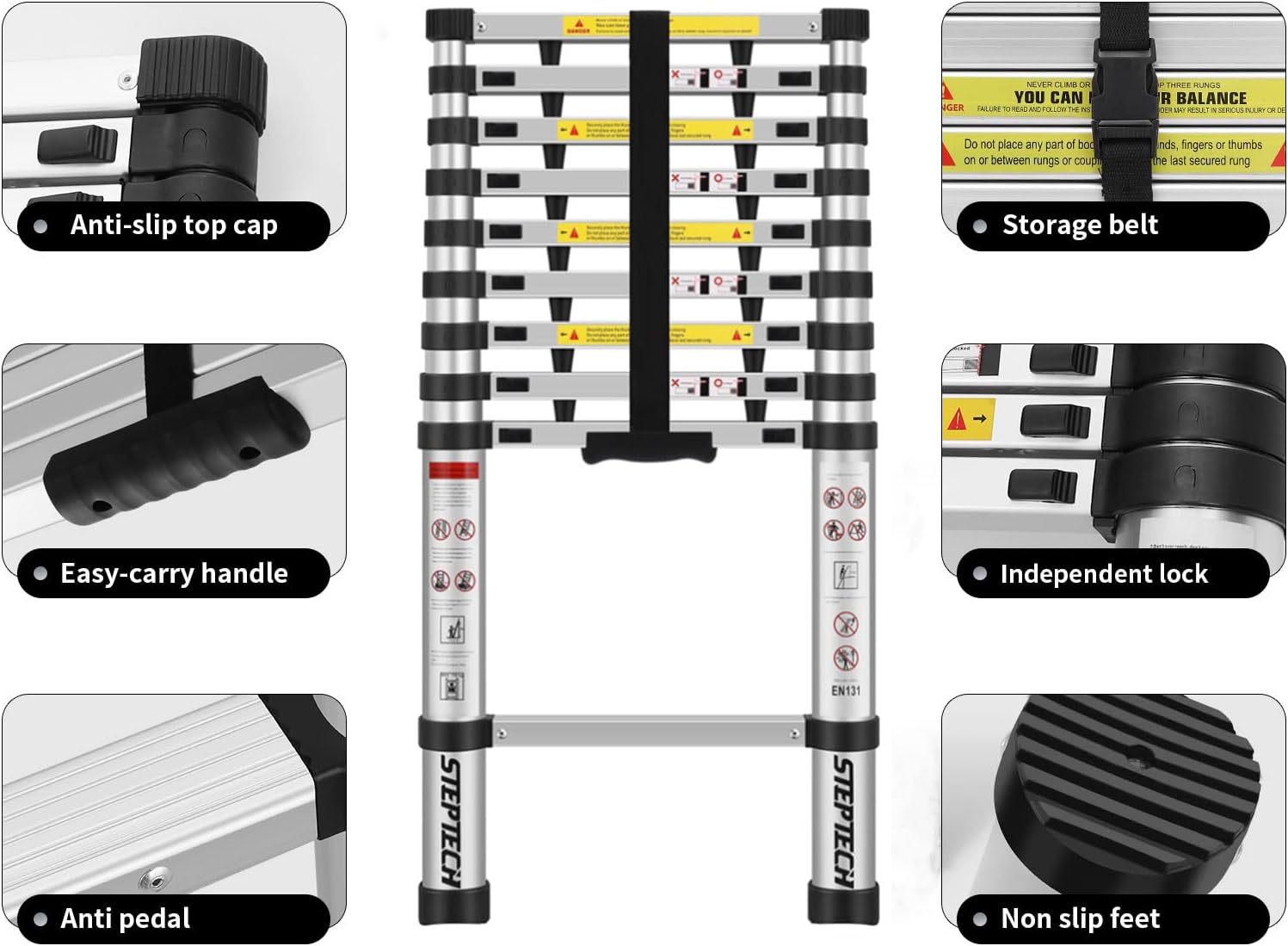 STEPTECH Telescoping Ladder 9.5 ft Aluminum Anti-Pinch Collapsible U494