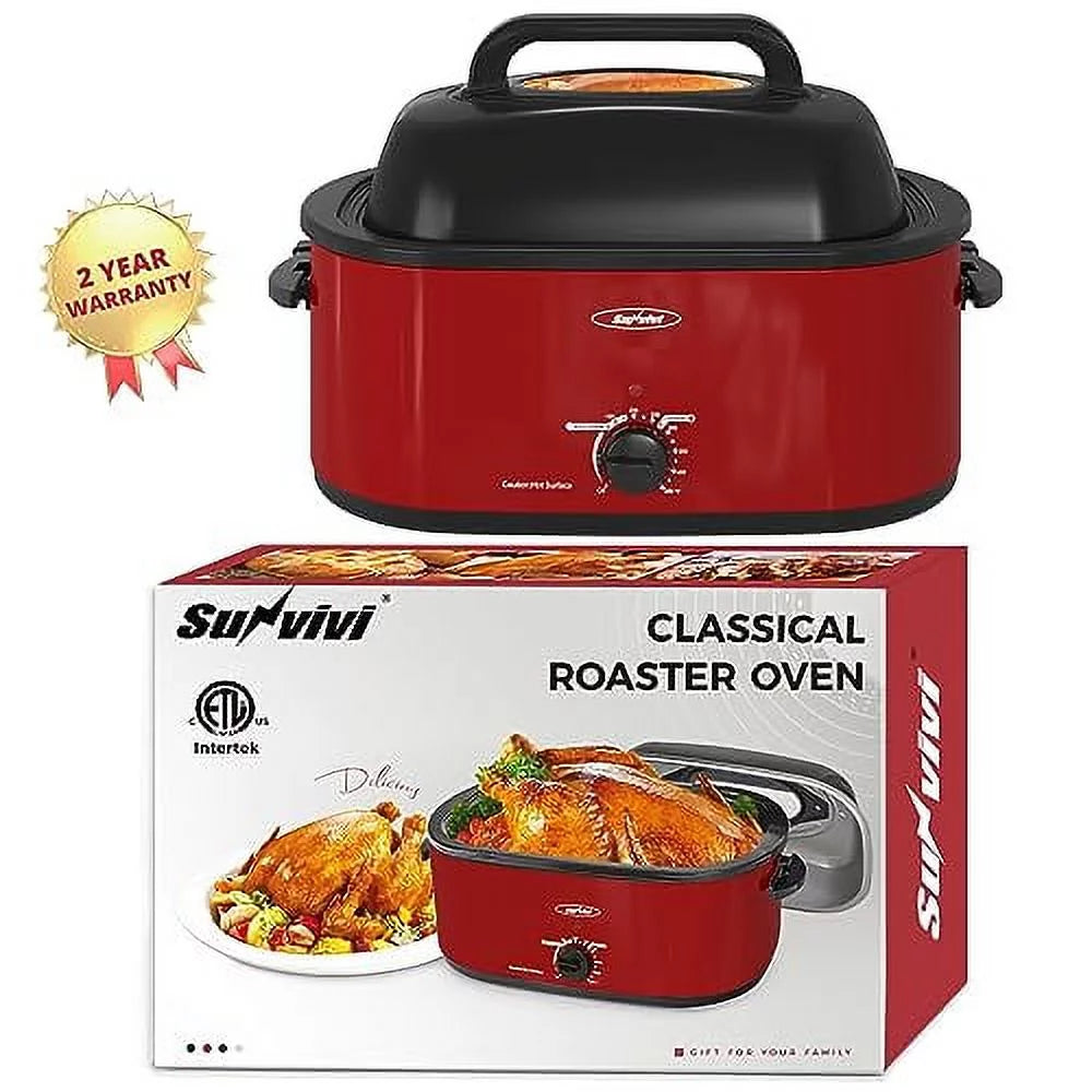 SUNVIVI 20 Quart Electric Turkey Roaster Oven with Self-Basting Lid, Stainless Steel, Red M430