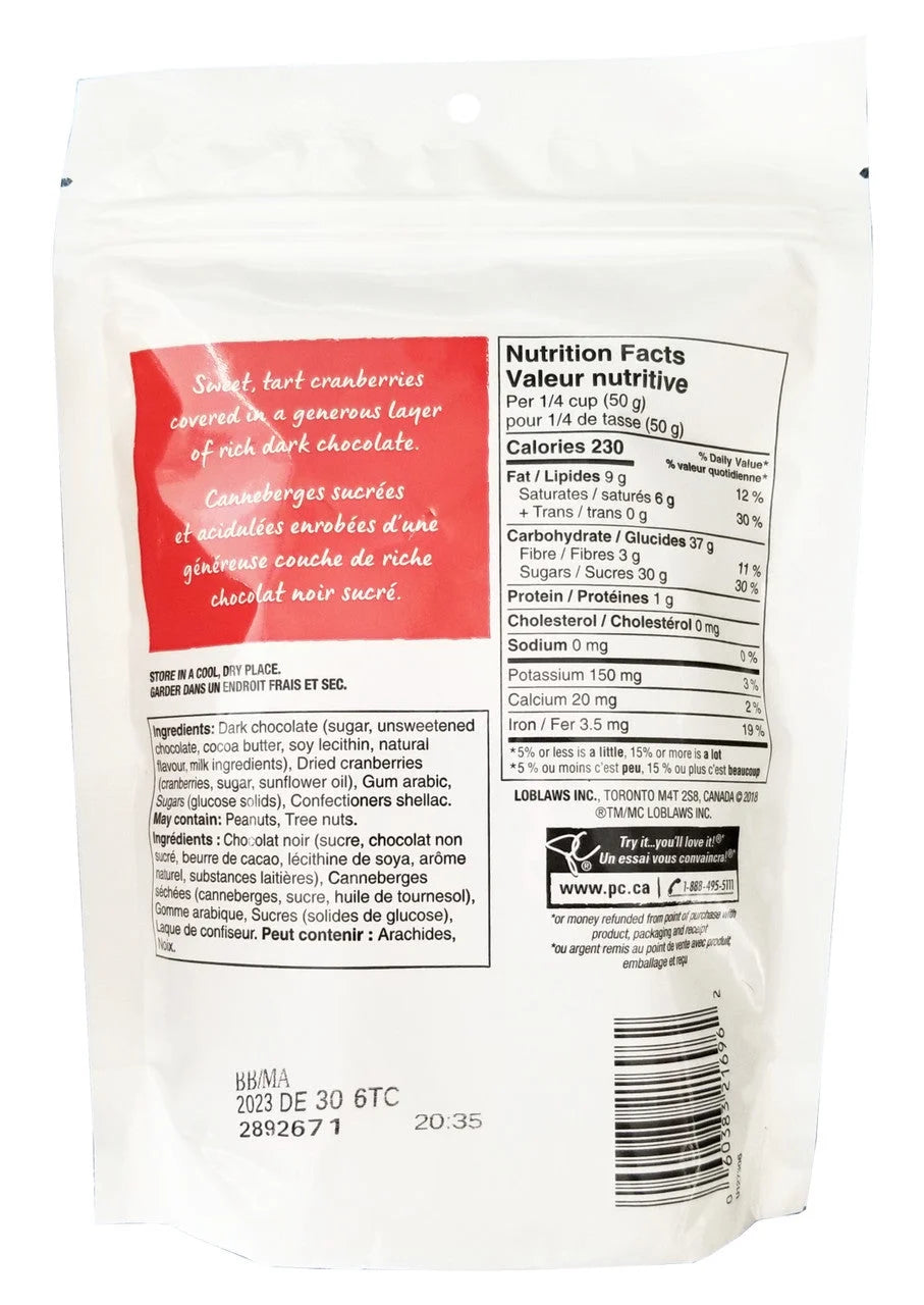 President's Choice Dark Chocolate Cranberries, 340g Bag O475