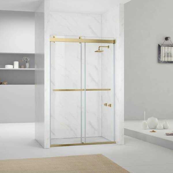 ROSWELL Spezia 76 in. Double Sliding Semi-Frameless Shower Door in Brushed Gold with Clear Glass G275015
