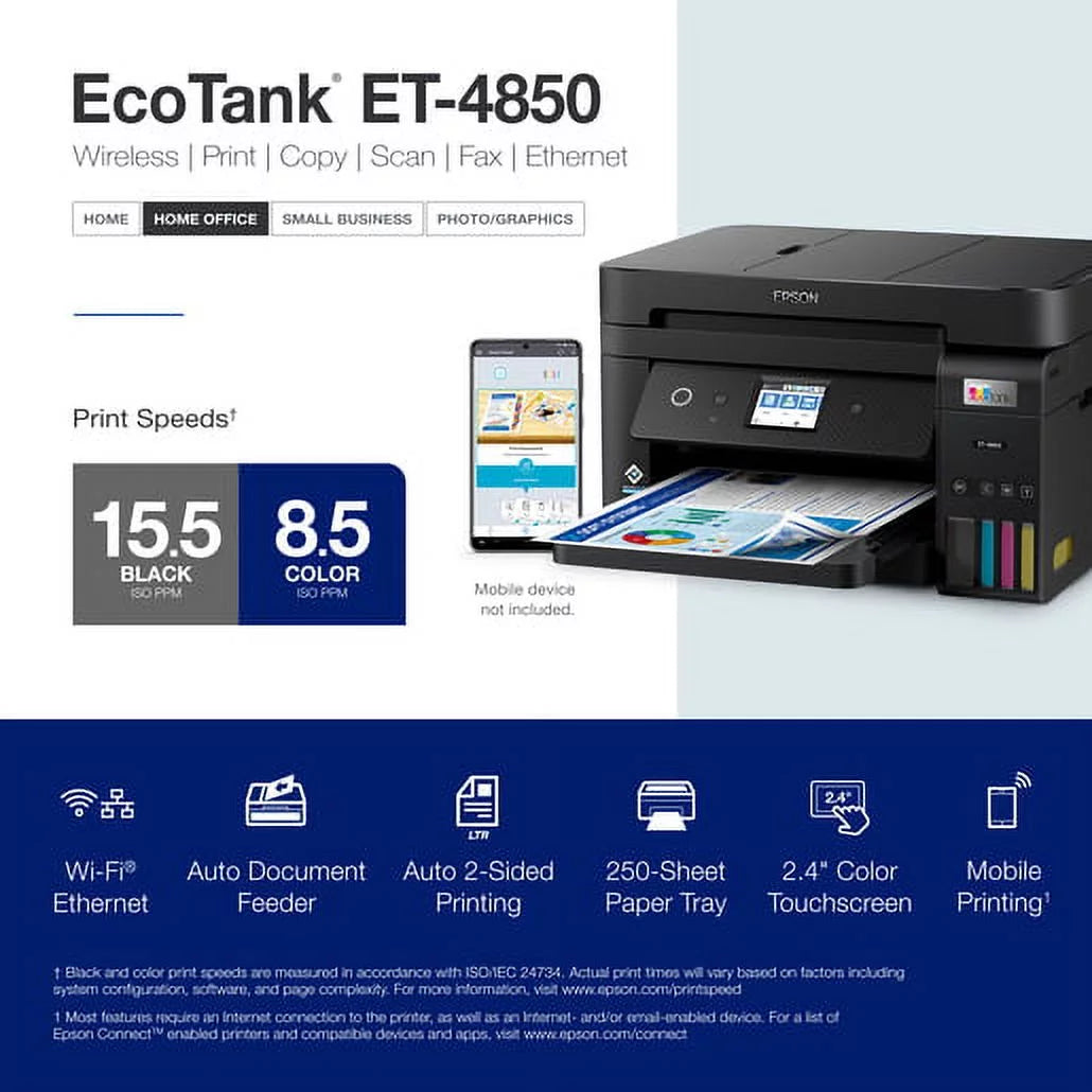 Epson EcoTank ET-4850 Wireless All-in-One Supertank Printer with Scanner, Copier, Fax S3010